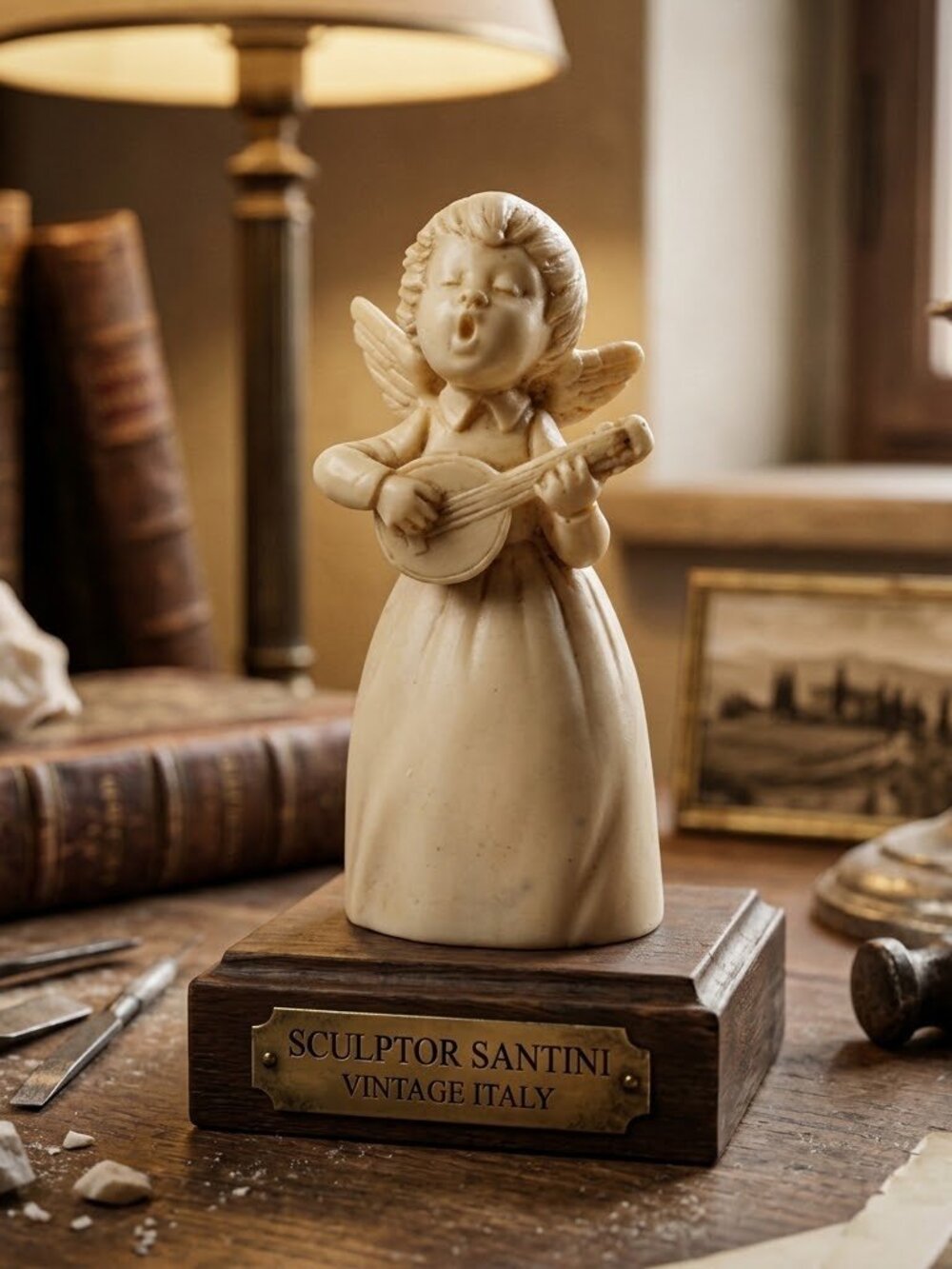 Vintage Santini Cherub Angel Figurine Playing Mandolin Mid Century Marble Italy